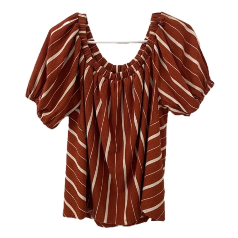 By Anthropologie Terra Cotta Stripe off the Shoulder Top Small Short Sleeve